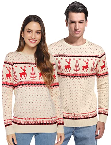 Aottori Weihnachten Pullover Damen Weihnachtspullover Familie Set Rentiermuster Christmas Reindeer Strickpullover Unisex Christmas Sweater Damen-Aprikose XL von Aottori