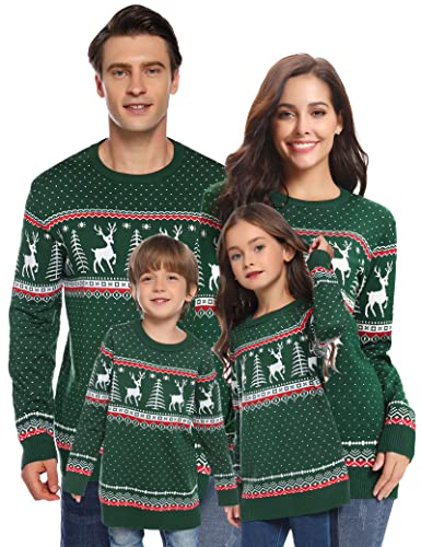 Aottori Weihnachten Pullover Damen Weihnachtspullover Familie Set Rentiermuster Christmas Reindeer Strickpullover Unisex Christmas Sweater Damen-Grün L von Aottori