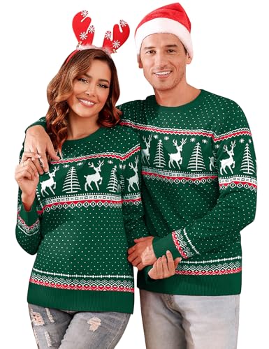 Aottori Weihnachten Pullover Damen Weihnachtspullover Familie Set Rentiermuster Christmas Reindeer Strickpullover Unisex Christmas Sweater Damen-Grün XXL von Aottori