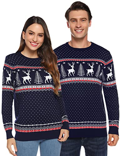 Aottori Weihnachten Pullover Damen Weihnachtspullover Familie Set Rentiermuster Christmas Reindeer Strickpullover Unisex Christmas Sweater Damen-Marine L von Aottori