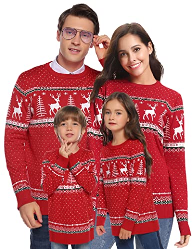 Aottori Weihnachten Pullover Damen Weihnachtspullover Familie Set Rentiermuster Christmas Reindeer Strickpullover Unisex Christmas Sweater Damen-Rot L von Aottori