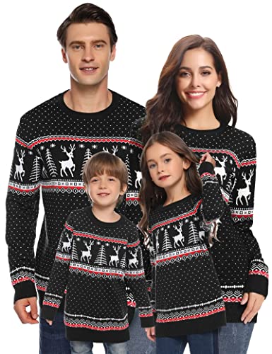 Aottori Weihnachten Pullover Damen Weihnachtspullover Familie Set Rentiermuster Christmas Reindeer Strickpullover Unisex Christmas Sweater Damen-Schwarz L von Aottori