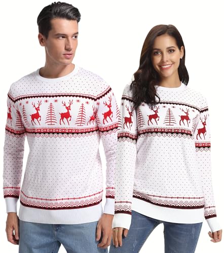 Aottori Weihnachten Pullover Damen Weihnachtspullover Familie Set Rentiermuster Christmas Reindeer Strickpullover Unisex Christmas Sweater Damen-Weiß L von Aottori