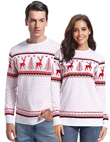 Aottori Weihnachten Pullover Damen Weihnachtspullover Familie Set Rentiermuster Christmas Reindeer Strickpullover Unisex Christmas Sweater Damen-Weiß M von Aottori