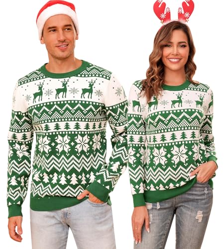 Aottori Weihnachten Pullover Damen Weihnachtspullover Familie Set Rentiermuster Weihnachtspulli Langarm Warm Strickpullover Unisex Christmas Sweater Grün XL von Aottori