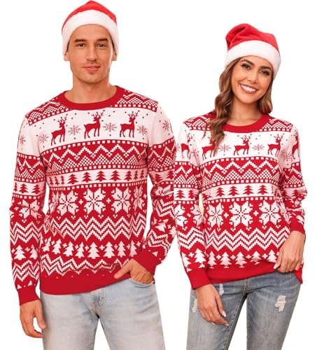 Aottori Weihnachten Pullover Damen Weihnachtspullover Familie Set Rentiermuster Weihnachtspulli Langarm Warm Strickpullover Unisex Christmas Sweater Rot M von Aottori