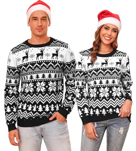 Aottori Weihnachten Pullover Damen Weihnachtspullover Familie Set Rentiermuster Weihnachtspulli Langarm Warm Strickpullover Unisex Christmas Sweater Schwarz L von Aottori