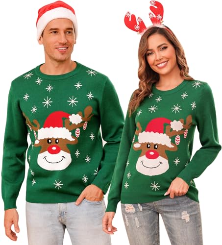 Aottori Weihnachtspullover Damen Reindeer Rundhalsausschnitt Weihnachten Sweatshirt Jumper Weihnachtspulli Gestrickt Weihnachten Pullover Christmas Sweater Damen-Grün XL von Aottori