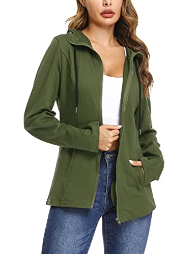 Aottori Zip Hoodie Damen Baumwolle Sweatjacke mit Kapuze Einfarbig Basic Kapuzenjacke Kapuzenpulli Outwear Sweatshirt mit Reißverschluss Jacken Frühling Herbst Armeegrün M von Aottori