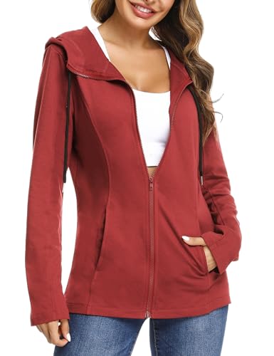Aottori Zip Hoodie Damen Baumwolle Sweatjacke mit Kapuze Einfarbig Basic Kapuzenjacke Kapuzenpulli Outwear Sweatshirt mit Reißverschluss Jacken Tiefrot XXL von Aottori