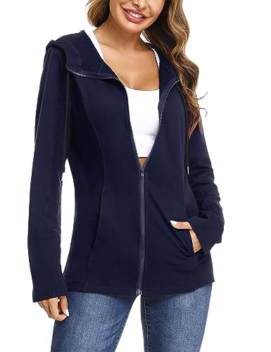 Aottori Zip Hoodie Damen Baumwolle Sweatjacke mit Kapuze Einfarbig Basic Kapuzenjacke Kapuzenpulli Outwear Sweatshirt mit Reißverschluss Jacken für Frühling Herbst Marine XL von Aottori