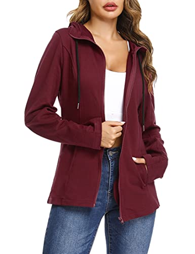 Aottori Zip Hoodie Damen Baumwolle Sweatjacke mit Kapuze Einfarbig Basic Kapuzenjacke Kapuzenpulli Outwear Sweatshirt mit Reißverschluss Jacken für Frühling Herbst Weinrot S von Aottori