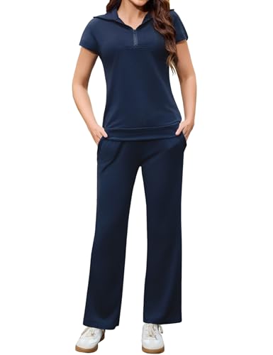 Aottori Zweiteiler Damen Sommer Outfits Tracksuit Elegant Hausanzug Jogginganzug Kurzarm 2 teiler Freizeitanzug Trainingsanzug Sport Lounge Set Loungewear Homewear Marine S von Aottori