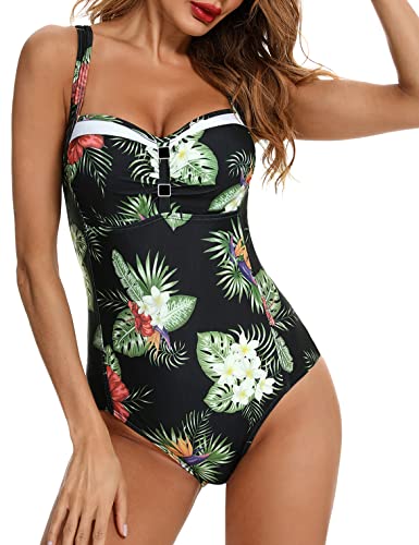 Aottori Badeanzug Damen Einteilige Bademode Bauchweg V Ausschnitt Swimsuit Push up Badeanzüge One Piece Schwimmanzug Sommer Schwarz/Blatt XXL von Aottori