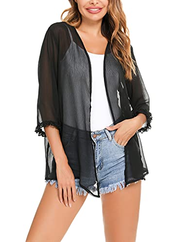 NC Damen Bolero Chiffon Cardigan Leichte Elegant Kurze Jacke Bolerojacke Festliche Sommer Shrug Schulterjacke mit 3/4 Ärmel Transparent Jäckchen Bettjäckchen Schwarz M von Aottori