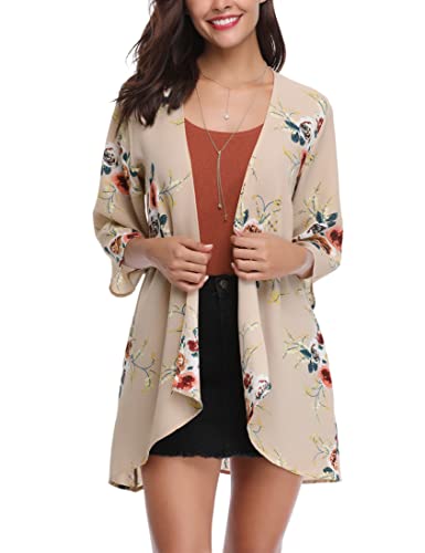 NC Damen Lang Chiffon Bolero Sommer Boho Leicht Casual 3/4 Ärmel Cardigan Strickjacke Offene Front Strand Kimono Florale Beachwear Bikini Cover up Shawl Bluse Oberteil Tops Rosa M von Aottori