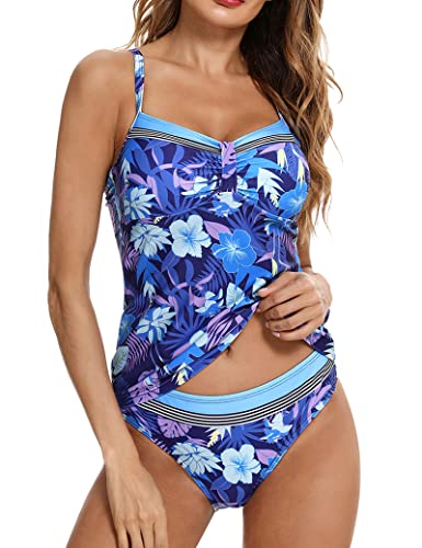 Aottori Tankini Damen Bauchweg Badeanzug Zweiteilig Push up Bademode Set Beachwear V-Ausschnitt Schwimmanzug Große Größen Swimsuit Sexy mit Badeshorts Blau M von Aottori