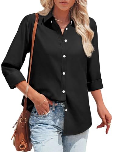 Aoudery Oxford-Hemd für Damen, Knopfleiste, Baumwolle, langärmelig, Kragen, Arbeit, Büro, Blusen, Tunika, Tops, Schwarz, X-Groß Aoudery Oxford-Hemd für Damen, Knopfleiste, Baumwolle, langärmelig, Kragen, Arbeit, Büro, Blusen, Tunika, Tops, Schwarz, X-Groß von Aoudery