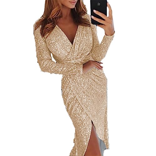 Aouln Damen Abendkleid mit tiefem V-Ausschnitt, Paillettenkleid mit Schlitz, lange Ärmel, Club, Party, Abendkleid, Oberschenkel, langes Kleid für Zuhause, Hochzeit, Gast, Cocktail, Party, Gold von Aouln