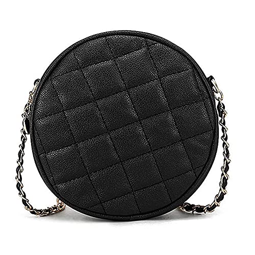 Aoun Frauen Persönlichkeit gesteppt veganes Leder Runde Crossbody Tasche Mode Süße Mini Schultertaschen Geldbörse mit Kette (Schwarz) von Aoun