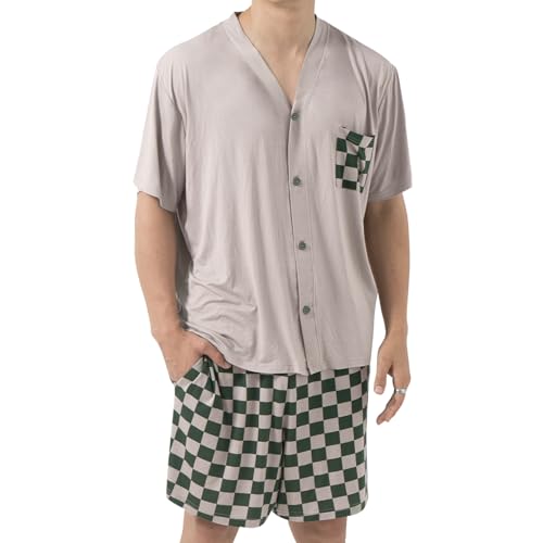 AovYoo Schlafanzug Herren Kurz Modal Pyjama Schlafanzughose Zweiteiliger Set Sommer T-Shirt für Männer Nachtwäsche Kariert Sommeranzug Herren Leicht (M, Grün) von AovYoo