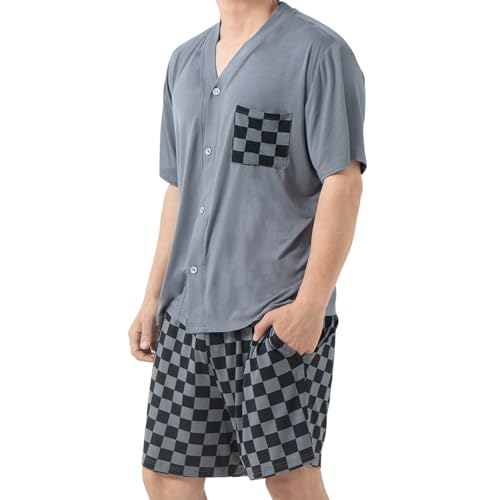 AovYoo Schlafanzug Herren Kurz Modal Pyjama Schlafanzughose Zweiteiliger Set Sommer T-Shirt für Männer Nachtwäsche Kariert Sommeranzug Herren Leicht (M,Grau) von AovYoo