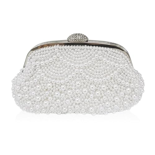 Aovtero Perle Clutch Braut Tasche Geldbörse Frauen Hochzeit Abschlussball Abend Taschen Formale Volle Perlen Handtasche mit Kette, Weiss/opulenter Garten von Aovtero