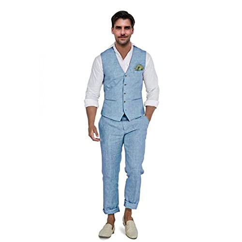 Aowdoy Herren Leinen Anzüge 2 Stück Slim Fit Anzug Abschlussball Strand Hochzeit Groomsman Weste Hosen Set Casual Sommer Leinen Outfit, Blau, XX-Large von Aowdoy