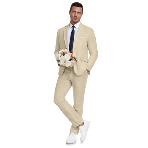 Aowdoy Herren Leinenanzug 2-teilig Slim Fit Sommer Strand Hochzeit Kleid Smoking Abschlussball Anzug Blazer Jacke und Hose, Champagner, L von Aowdoy