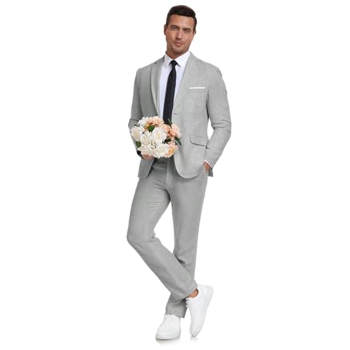 Aowdoy Herren Leinenanzug 2-teilig Slim Fit Sommer Strand Hochzeit Kleid Smoking Abschlussball Anzug Blazer Jacke und Hose, GRAU, 3XL von Aowdoy