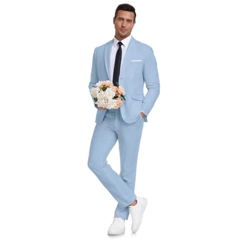Aowdoy Herren Leinenanzug 2-teilig Slim Fit Sommer Strand Hochzeit Kleid Smoking Abschlussball Anzug Blazer Jacke und Hose, Hell, blau, XX-Large von Aowdoy