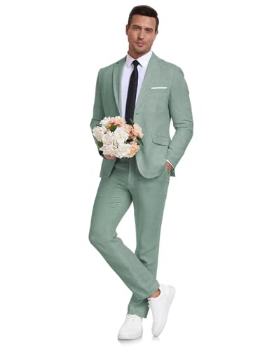 Aowdoy Herren Leinenanzug 2-teilig Slim Fit Sommer Strand Hochzeit Kleid Smoking Abschlussball Anzug Blazer Jacke und Hose, Hellgrün, XL von Aowdoy