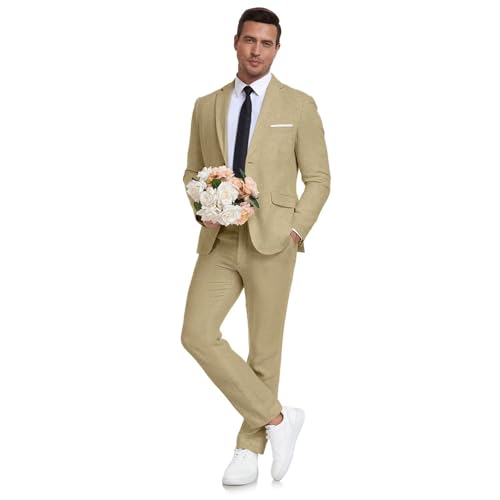 Aowdoy Herren Leinenanzug 2-teilig Slim Fit Sommer Strand Hochzeit Kleid Smoking Abschlussball Anzug Blazer Jacke und Hose, Khaki, M von Aowdoy