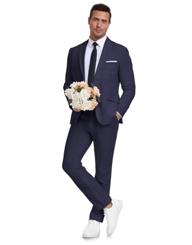 Aowdoy Herren Leinenanzug 2-teilig Slim Fit Sommer Strand Hochzeit Kleid Smoking Abschlussball Anzug Blazer Jacke und Hose, Marineblau, L von Aowdoy