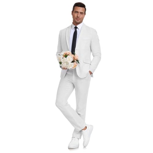 Aowdoy Herren Leinenanzug 2-teilig Slim Fit Sommer Strand Hochzeit Kleid Smoking Abschlussball Anzug Blazer Jacke und Hose, Weiss/opulenter Garten, M von Aowdoy