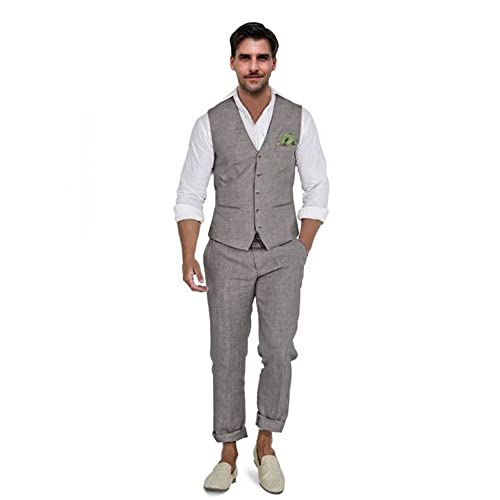 Herren Leinen Anzüge 2 Stück Slim Fit Anzug Abschlussball Smoking Strand Hochzeit Groomsman Weste & Hose Set Casual Sommer Leinen Outfit, GRAU, M von Aowdoy