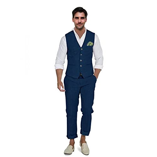 Herren Leinen Anzüge 2 Stücke Slim Fit Anzug Prom Smoking Strand Hochzeit Bräutigam Weste & Hosen Set Casual Sommer Leinen Outfit, marineblau, L von Aowdoy