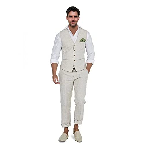 Herren Leinen Anzüge Slim Fit Anzug Sets Strand Hochzeit Groomsman Weste & Hosen Set 2 Stücke Casual Weste Set, beige, L von Aowdoy