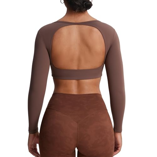 Aoxjox Clarissa Langarm-Crop-Top für Damen, rückenfrei, Workout, bauchfreies T-Shirt, Fudge Coffee, Groß Aoxjox Clarissa Langarm-Crop-Top für Damen, rückenfrei, Workout, bauchfreies T-Shirt, Fudge Coffee, Groß von Aoxjox