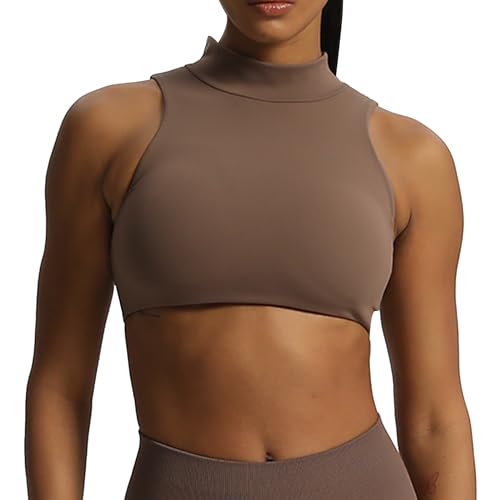 Aoxjox Damen Kim Cutout High Neck Tank Top Workout Sport BHs Fitness Gepolstert Training Gym BH Yoga Crop, Fudge Coffee, Medium von Aoxjox