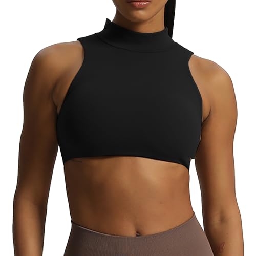 Aoxjox Damen Kim Cutout High Neck Tank Top Workout Sport BHs Fitness Gepolstert Training Gym BH Yoga Crop, Schwarz, small von Aoxjox