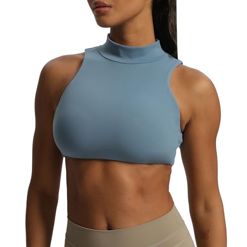 Aoxjox Damen Kim Cutout High Neck Tank Top Workout Sport BHs Fitness Gepolstert Training Gym BH Yoga Crop, Stahlblau, X-Small von Aoxjox