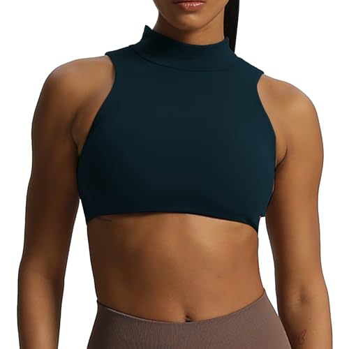 Aoxjox Damen-Tanktop mit Kim-Ausschnitt, hoher Halsausschnitt, Workout-Sport-BHs, Fitness, gepolstert, Training, Fitnessstudio, Yoga, bauchfrei, Blaubeer, small von Aoxjox