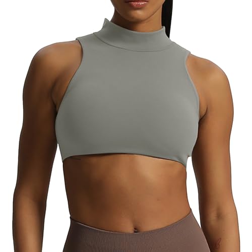 Aoxjox Damen-Tanktop mit Kim-Ausschnitt, hoher Halsausschnitt, Workout-Sport-BHs, Fitness, gepolstert, Training, Fitnessstudio, Yoga, bauchfrei, GRAU, Medium von Aoxjox