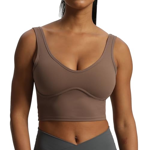 Aoxjox Damen Workout Brooke Tank Crop Curve Longline Fitness Sport BHs Gepolstert Training Gym BH Yoga Top, Fudge Coffee, Mittel von Aoxjox