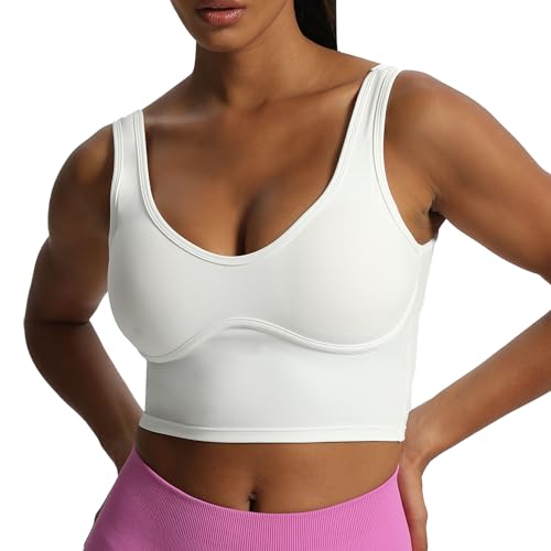 Aoxjox Damen Workout Brooke Tank Crop Curve Longline Fitness Sport BHs Training Gym BH Yoga, Weiss/opulenter Garten, Medium von Aoxjox
