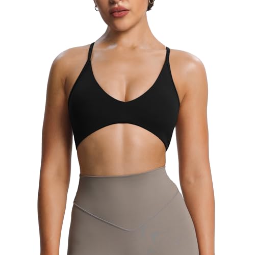 Aoxjox Damen Workout Lily Deep V Cross Back Sport BHs Fitness Rückenfrei Gepolsterter BH Yoga Crop Tank Top, Schwarz, small von Aoxjox