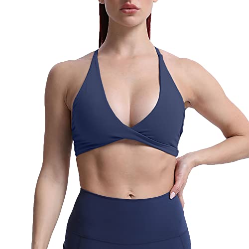 Aoxjox Damen Workout Sport BHS Fitness Rückenfrei Gepolstert Sienna Low Impact BH Yoga Crop Tank Top, Navy, S von Aoxjox