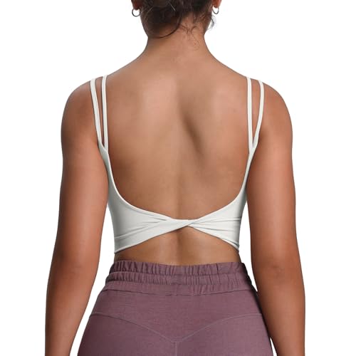 Aoxjox Damen Workout Sport BHS Fitness Gepolstert Rückenfrei Yoga Crop Tank Top Twist Back Cami, 1 x Weiß, small von Aoxjox