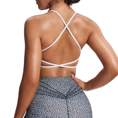 Aoxjox Ivy Sport-BH für Damen, rückenfrei, gepolstert, für geringe Belastung, Fitness-BH für Yoga, 2 Weiß, Medium von Aoxjox